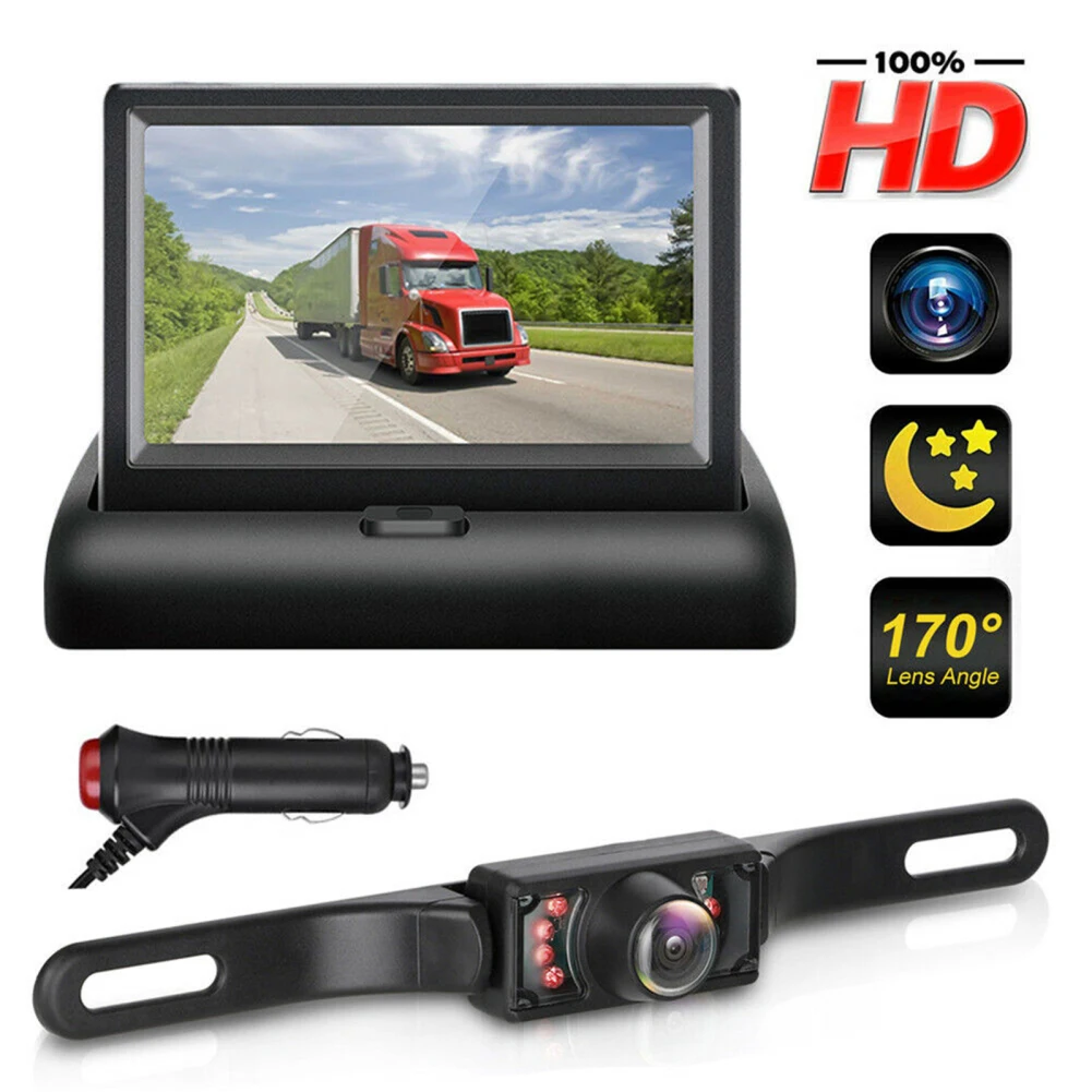 

Backup Camera for Car 170° Wide Angle HD Rear View Reverse Parking Night Vision Camera with Foldable Monitor IP68 Waterproof