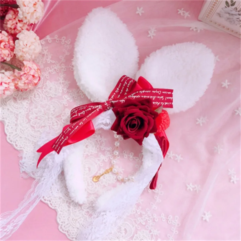 

Sweet Headwear Japanese Kawaii Girls Bowknot Plush Rabbit Ears Headband Cosplay Hair Band Lolita Handmade Hair Accessories Gifts