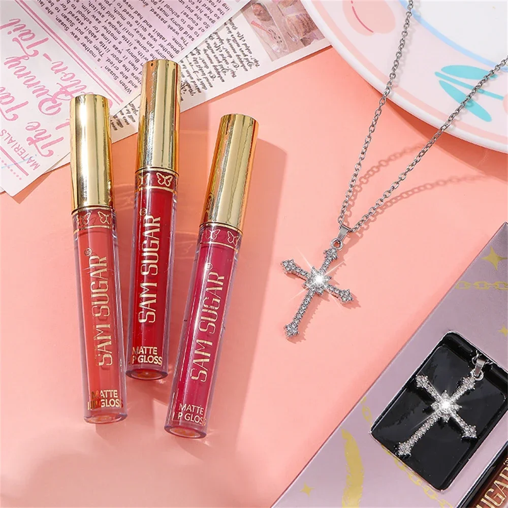 3Pcs/Set Lipgloss With Necklace Makeup Velvet Matte Liquid Lipstick Mirror Lip Gloss Waterproof Lasting Lip Stick Cosmetics Gift 4