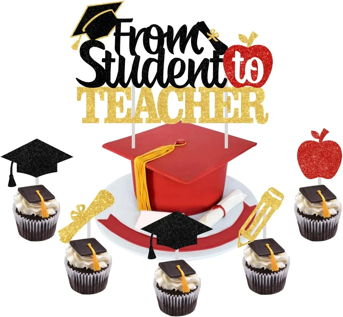 

25PCS From Student To Teacher Graduation Cake Topper Teacher Graduation Party Decorations Supplies Class of 2023 Cupcake Topper