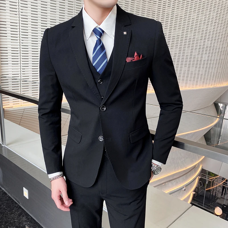 Men's Three-Piece Suit Set Solid Color Business Professional with Vest And Trousers