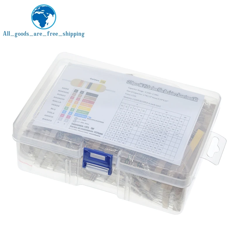 

1220 шт./лот 1 Вт 5% 122 значения 0,33-2,2 M Ом карбоновый пленочный резистор набор в ассортименте