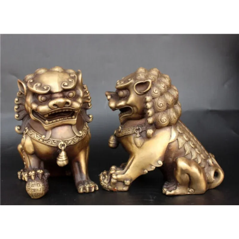 Bronzo Antico Fu Foo Dog Lion Statue China Old Archaic Guard Lions Pair 11Cm