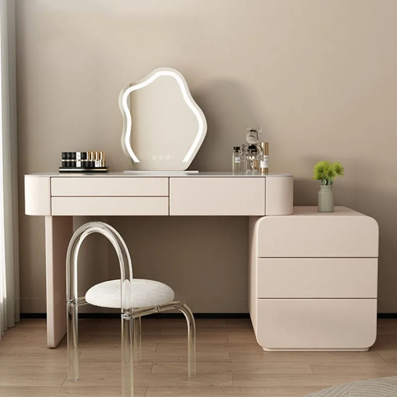 

Wood Nordic Minimal Dresser Cabinet Modern Design Women White Makeup Table Led Mirror Storage Mesa Maquillaje Home Furniture
