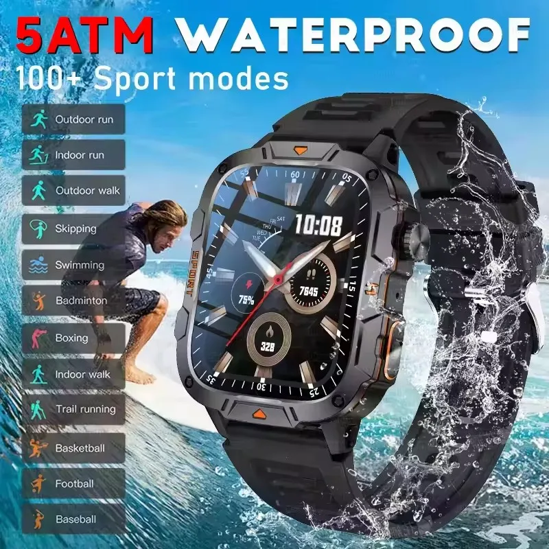 2026 New Military Grade Smart Watch Men 1.96" AMOLED Screen 5ATM Waterproof Simming Sports Fitness Tracker BT Call Smartwatches 4