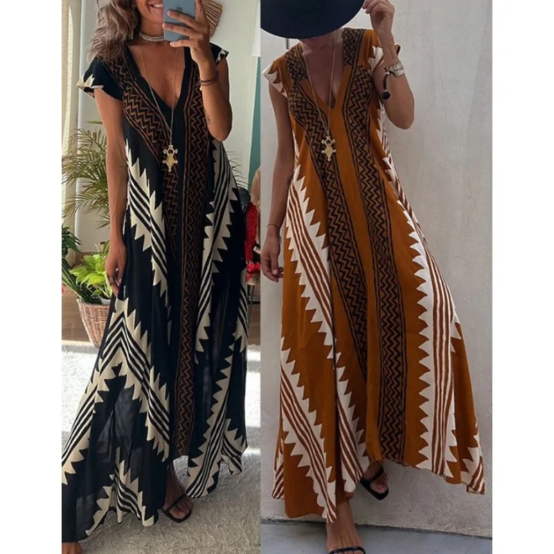 

Suspenders Dress V-neck Fly Sleeve Summer Long Dress Women Sleeveless Big Swing Printed Fashion Bohe Maxi Dress