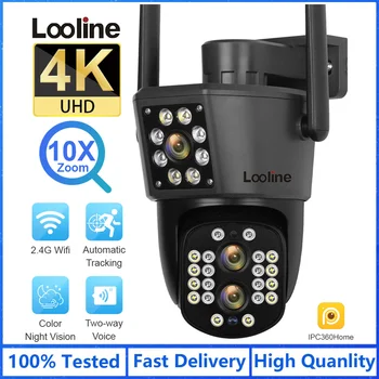 Looline 야외용 IP 카메라, 듀얼 스크린, 와이파이, PTZ, 10X 광학 줌, 자동 추적, 양방향 대화, CCTV 카메라, 4K, 8MP 연결
