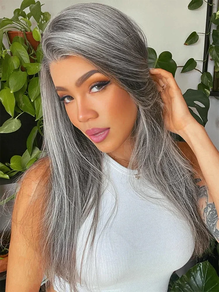 300 Density Salt and Pepper Gray human hair Straight 13x4 HD Lace Front Human Hair Wigs Pre Plucked Colored Lace Frontal Wig