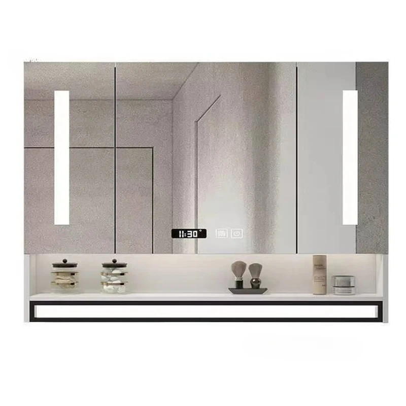 Solid Wood Bathroom Mirror Cabinet Homestay Hotel Wall-mounted Smart Cabinets Apartment Storage Shelf with Vanity Mirror p