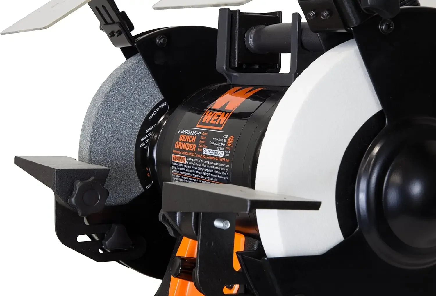 5-Amp 8-Inch Variable Speed Bench Grinder with Flexible Work Light Black orange 3