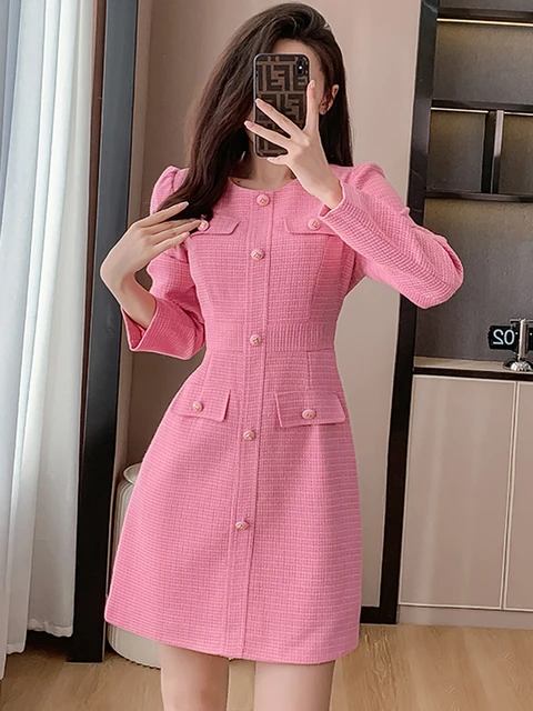 Smart Pink Button Up Tweed Dress - All Dresses