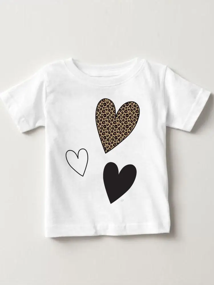 

Printed Tees Leopard Love Heart Tops O-neck Girls Boys Children Short Sleeve Clothes Summer Cartoon Kids Outfits T-shirts