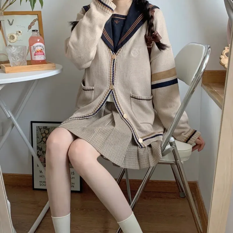 

Japanese Student Fashion JK Loose V-neck Cute Cardigans Knitted Sweaters Women Lolita Outwear JK Coat Girls School Uniforms