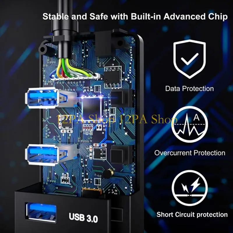 12PA USB 허브 8 포트 USB 허브 4x USB 3x USB 2.0 1x USB 충전 포트(개별 스위치 포함) PC용 전원 어댑터