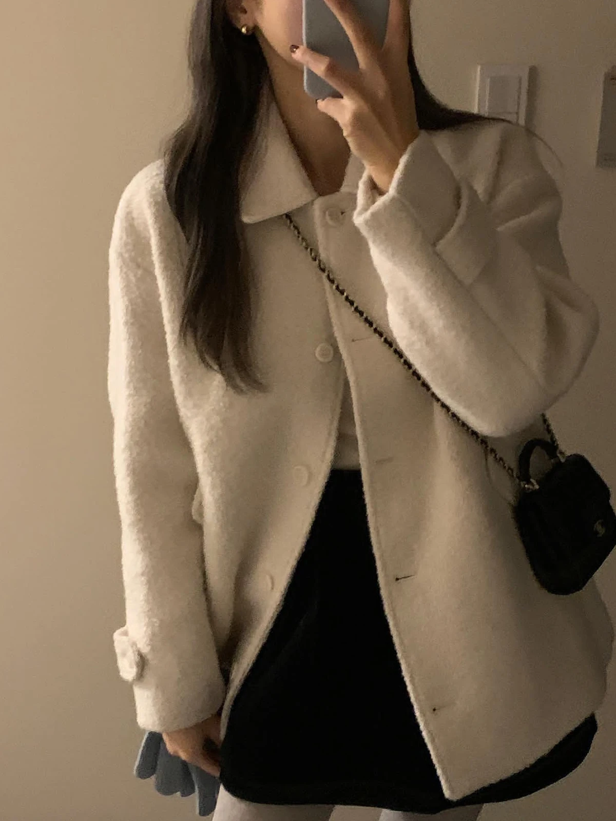 White Woolen Coat Women's ort Sle Korean Version Winter Outerwear Commute Straight Cut Long Sve Single Button Pure Color