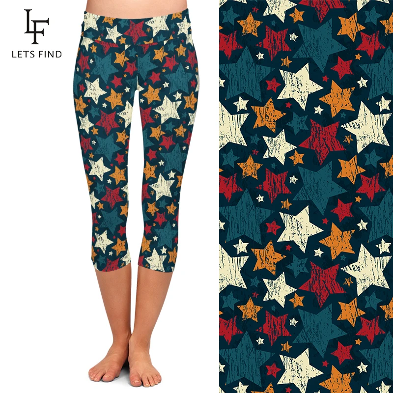 LETSFIND 2020 Fashion Retro Star Print Women Mid-Calf Leggings High Waist  Pants Fashion Women Fitness Capri Leggings
