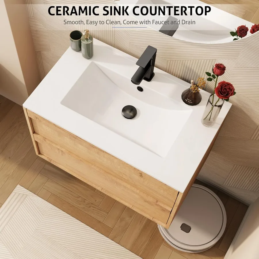 30" Floating Bathroom Vanity with Ceramic Integrated Sink Combo, Wall Mounted Storage Cabinet with 2 Drawers Bathroom Vanities 6