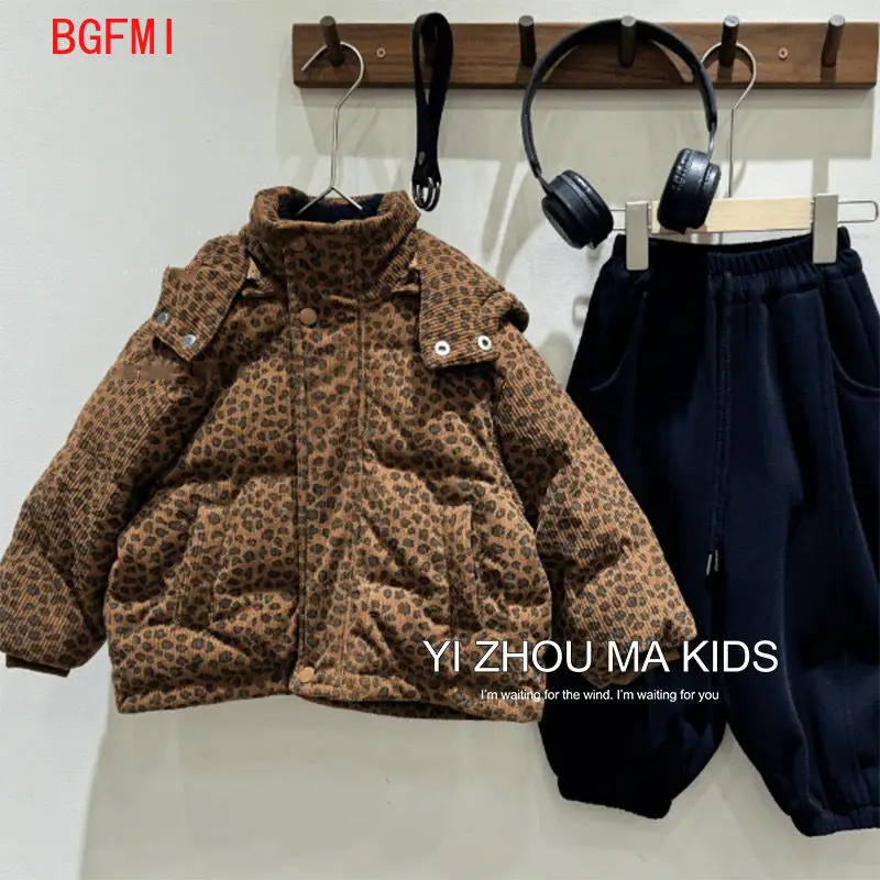 Kid Girls Winter Coat Boys Warm Hooded Outerwear Children Velvet Thick Leopard Print Jacket 2-10Y Corduroy Overalls