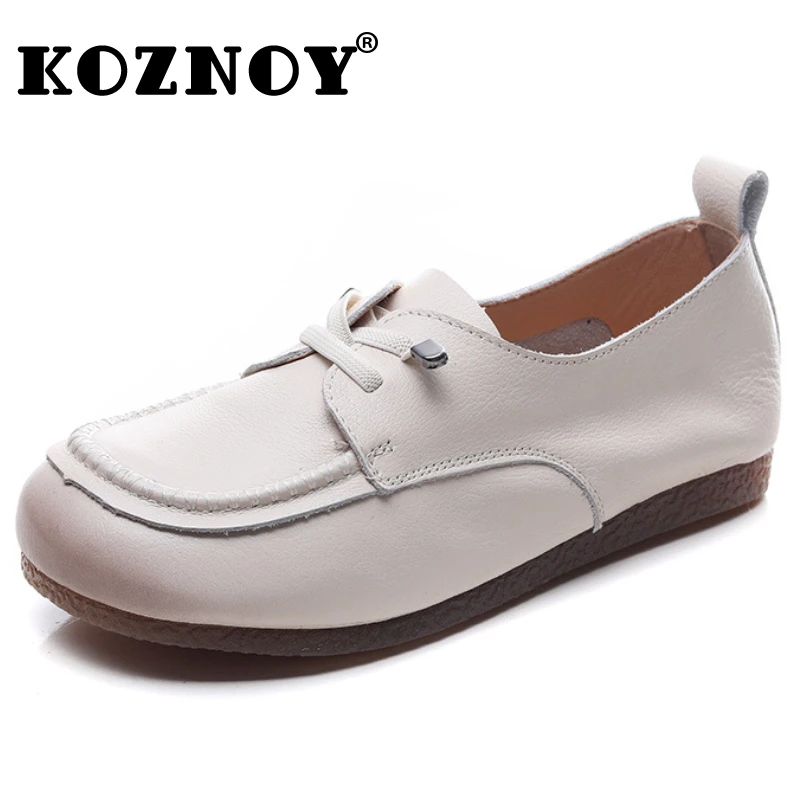 

Koznoy 1.5cm Retro Women Boots Natural Cow Genuine Leather Fashion Summer Platform Flats Oxfords Wedge Lace Up Breathable Shoes