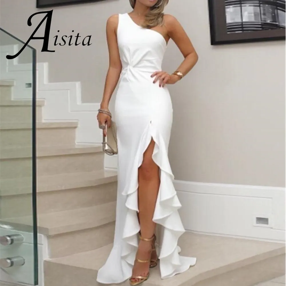 

Attractive One Shoulder Mermaid Wedding Dress Sleeveless Split Side Noble Bridal Dress Open Back Sweep Train Vestidos De Novia
