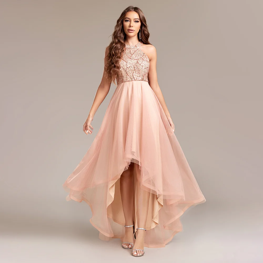 

Women Halter Neck Sequin Patchwork Multi-Layered Mesh Sleeveless Irregular Evening Dress Mesh Sleeveless Irregular Hem Maxi