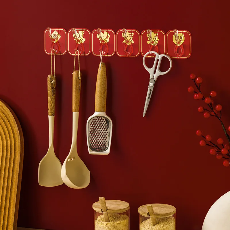 6 Hooks for Spring Festival Decoration Cutable Strong Adhesive CNY Holder Blessing Sticky Corner Rack Festive Home Decor