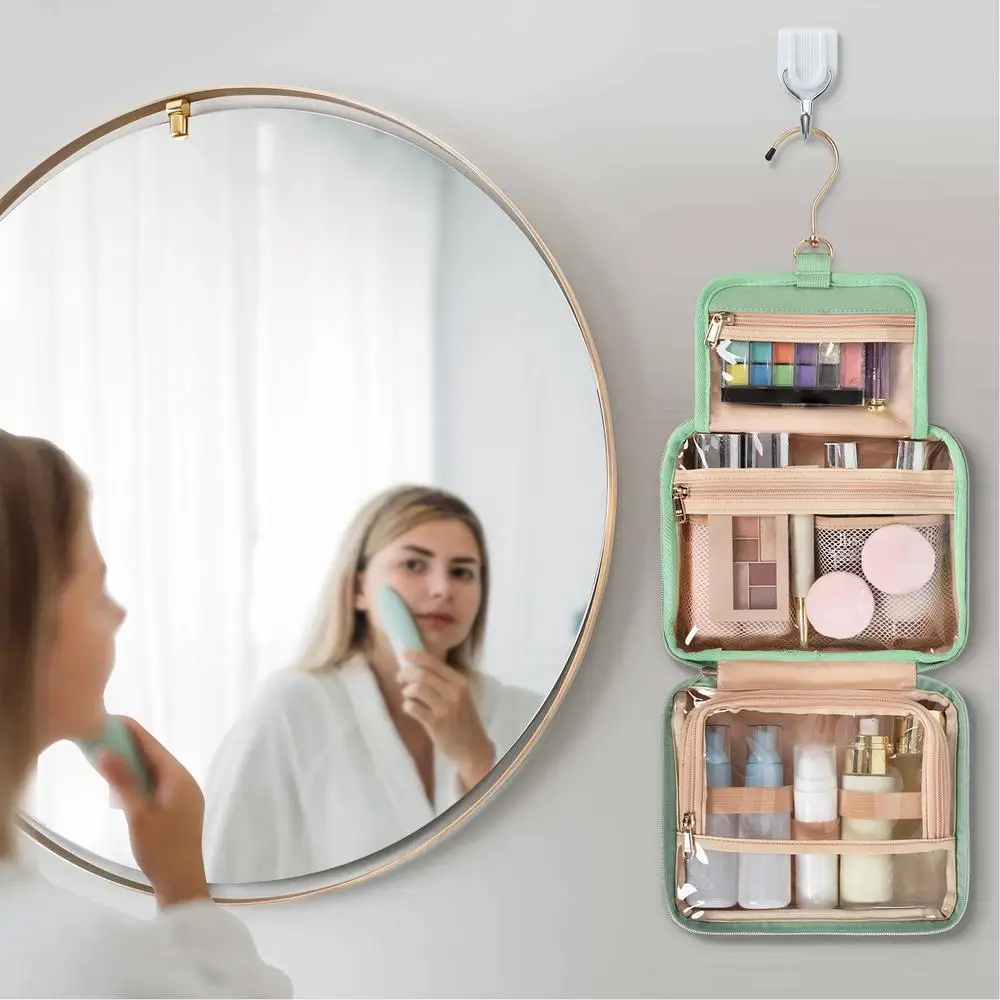 Travel Toiletry Bag With Hook Hangable Foldable 3 Compartment Small Travel Bag For Toiletries Portable Makeup Pouch With Handle