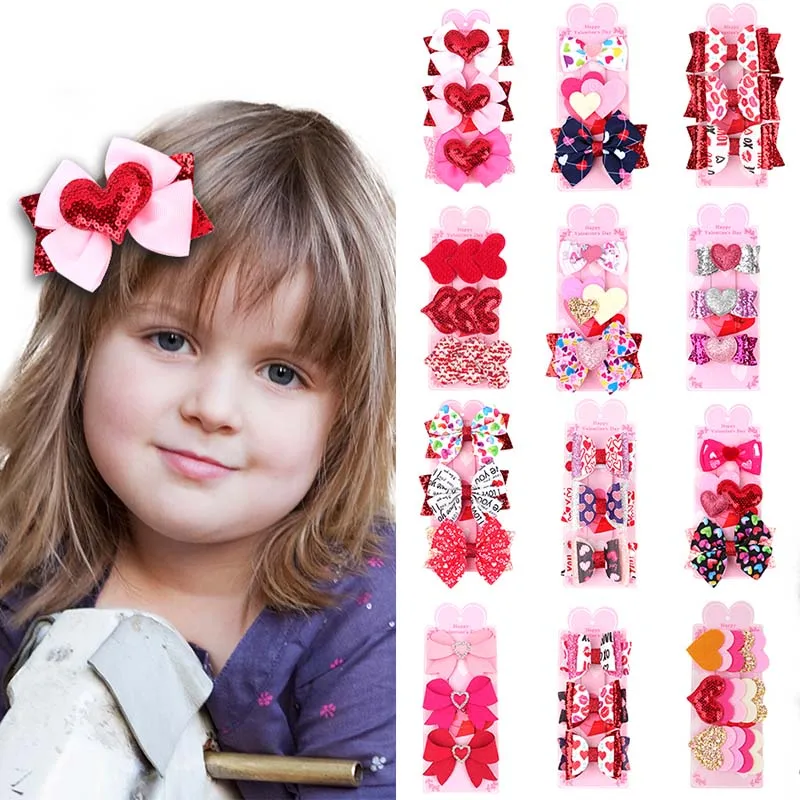 

3Pcs/set Sequins Hair Bows Clips Sweet Heart Red Pink Hairpin For Baby Girls Barrettes Lovely Valentine's Day Hair Accessories