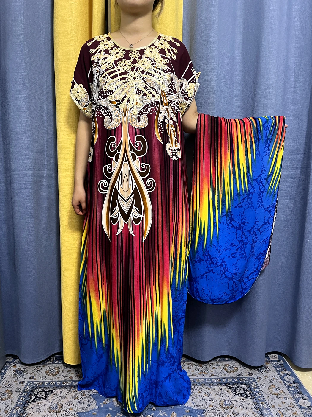 Muslim Abayas For Women 2023 Summer New Appliques Printed Cotton Loose Femme Robe Traditional African Party Dresses With Turban