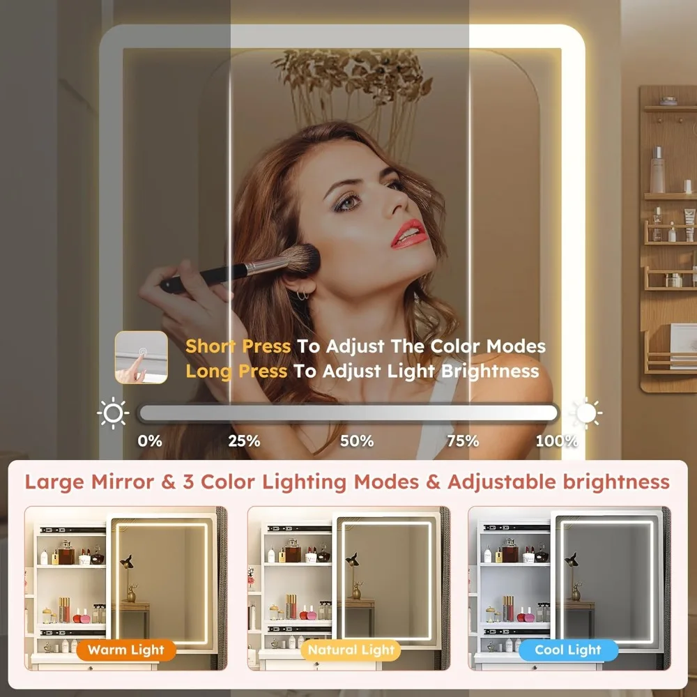 Makeup Vanity Set with Mirror and Light, Storage Drawer, Chair and Shelf, Adjustable Brightness Makeup Vanity with Light 3