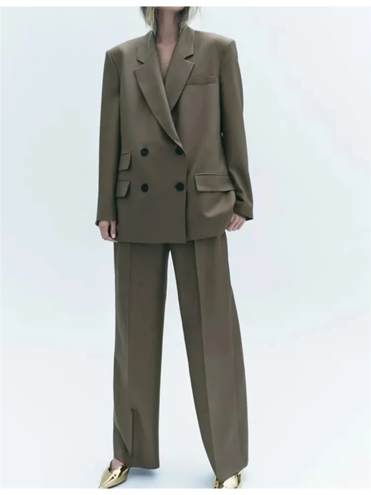 

Womens Fashion Double Pockets Khaki Long Blazers Suits Female Casual Double Breasted Jackets With Pants