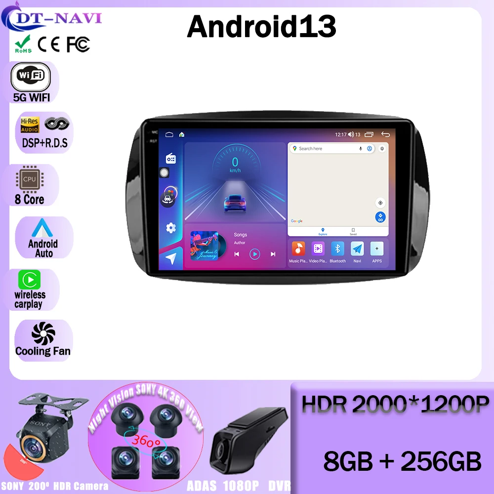 

Автомагнитола на Android 13 для Mercedes Benz Smart Fortwo 3 C453 A453 W453 2014-2020, мультимедийный видеоплеер, навигация GPS, 2din, dvd