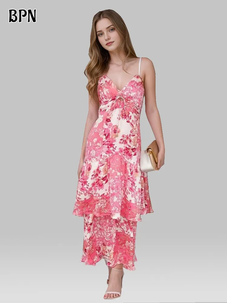 

BPN Fashion Printing Dresses For Women Square Collar Sleeveless High Waist Slimming Temperament Camisole Dress Female New Style
