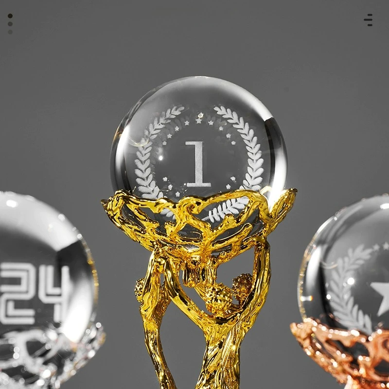 Customized Metal Trophy, Gold, silver, copper, Company Annual Meeting Excellent Employee Souvenirs Home Decor, Crystal Base, 1Pc
