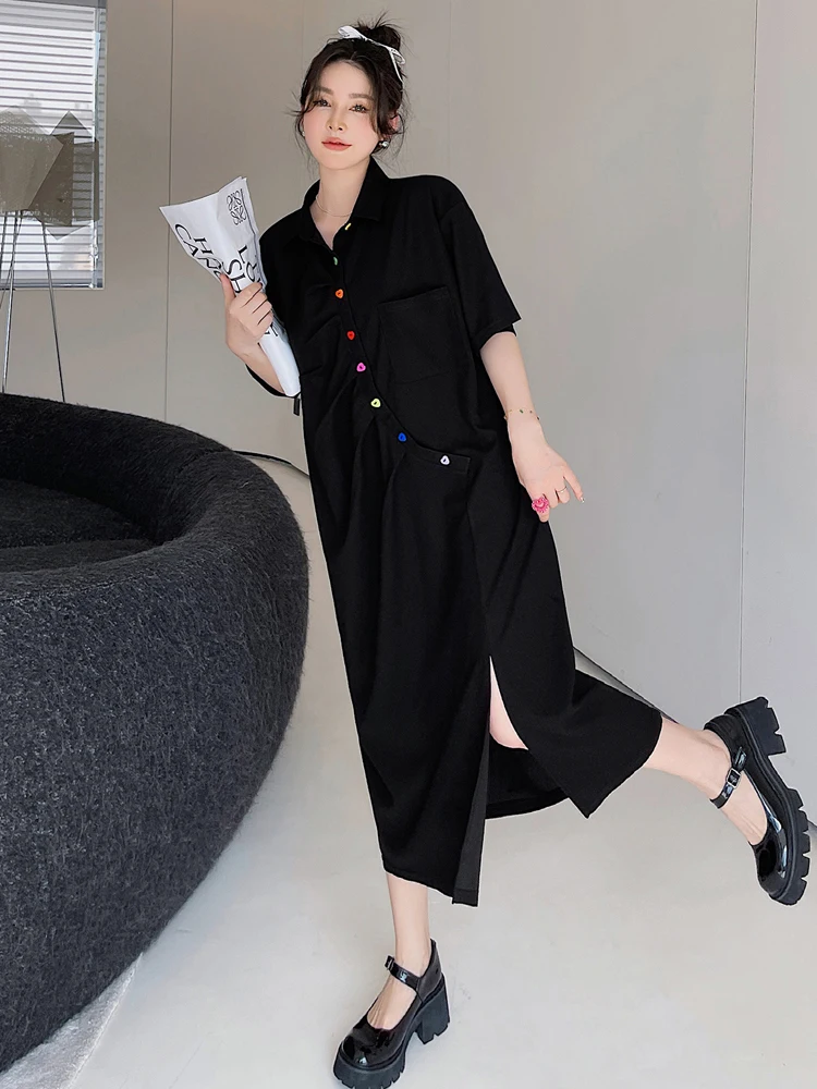 NYFS 2024 Summer New Korea POLO Neck Woman Dress Vestidos Robe Elbise Rainbow Buckle Loose Plus Size Short Sleeve Long Dresses