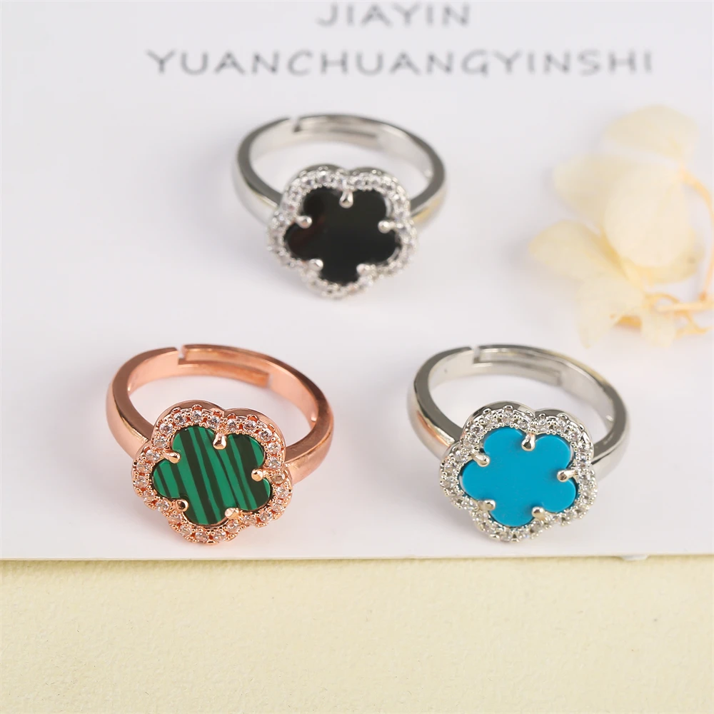 Temperament Natural Stone Five Leaf Flower Ring for Women Shiny Zirconia Setting Adjustable Opening Classic Clover Ring Gift