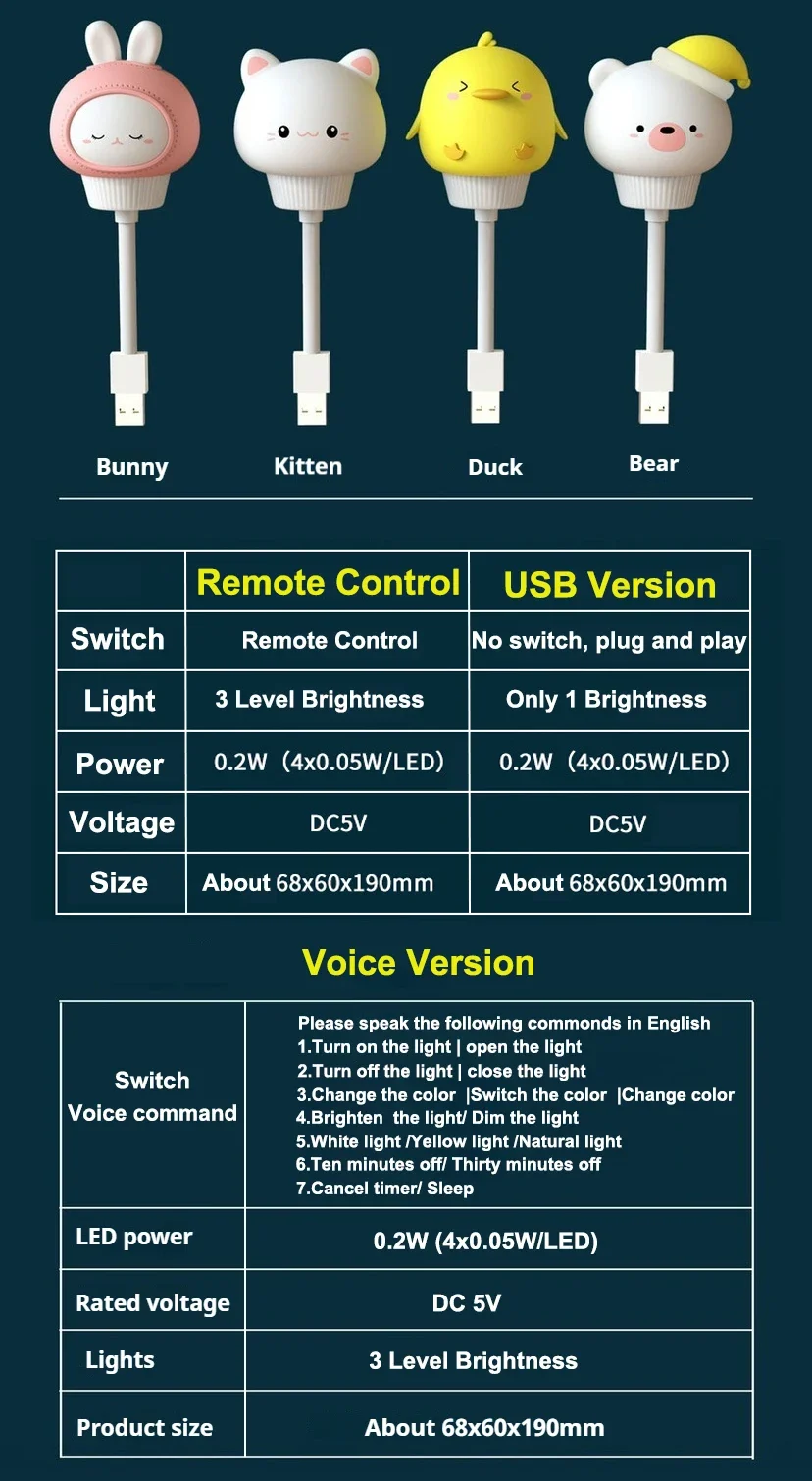 USB Night Light LED Cute Cartoon Night Lamp Bear Chick Kitten for Baby Kid Bedroom Decoration Bedside Lamp