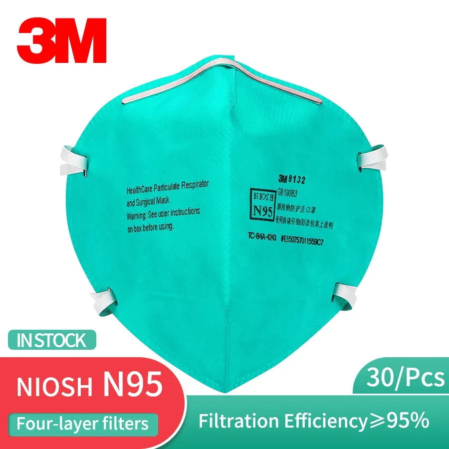 Masque 3M 9132 FFP2 N95 vu de face, avec élastiques et barrette nasale, protection santé.