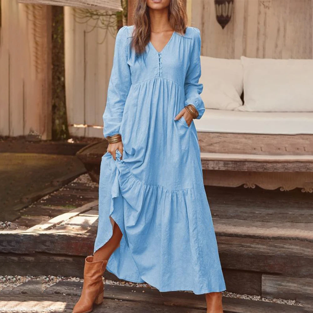 

Fashion Cotton Linen Maxi Dress Casual Solid Color Tunic Vintage Button V Neck Long Sleeve Dresses Female Clothing For Women