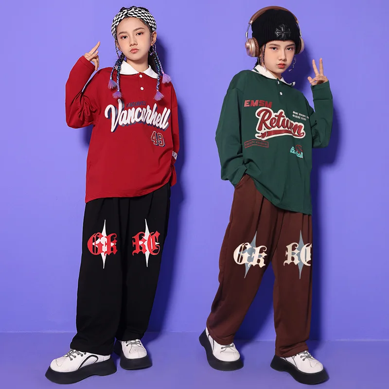 

Kid Hip Hop Clothing Polo Neck Oversized Long Sleeve T Shirt Loose Casual Street Sweat Pants for Girl Boy Dance Costume Clothes