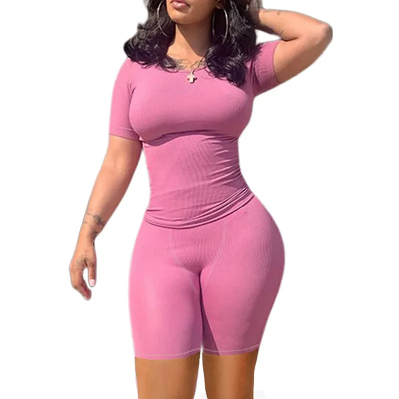 Lounge Wear Ribbed Casual 2 Piece Summer Shorts Set For Somen Short Sleeve Top+Elastic outfits Best Sellers In Women's Clothing
