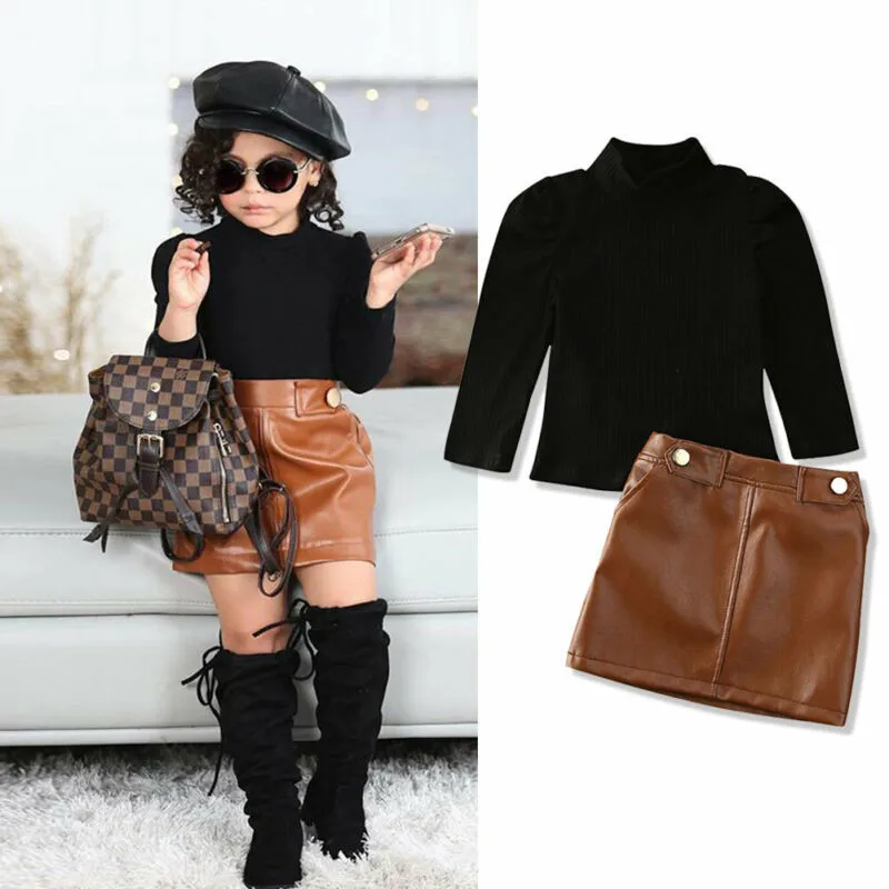 Girls Turtleneck Sweater & Leather Skirt Set 1