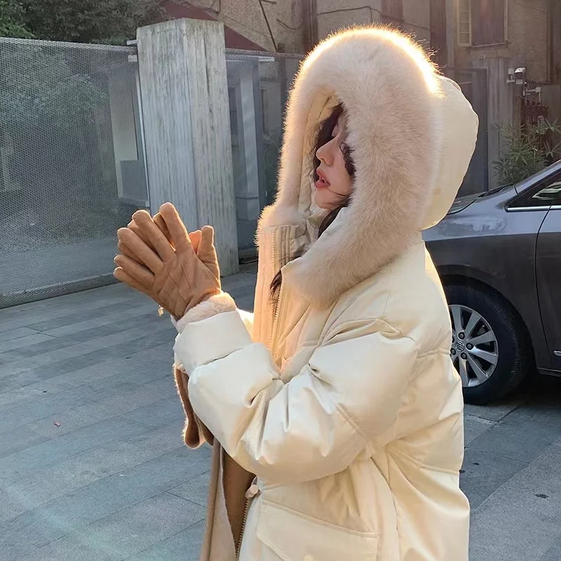 Fox Fur Collar Down Jackets Hooded Women Winter Fashion Horn Button Thickened White Duck Coats Straight Pocket Windproof Cuffs
