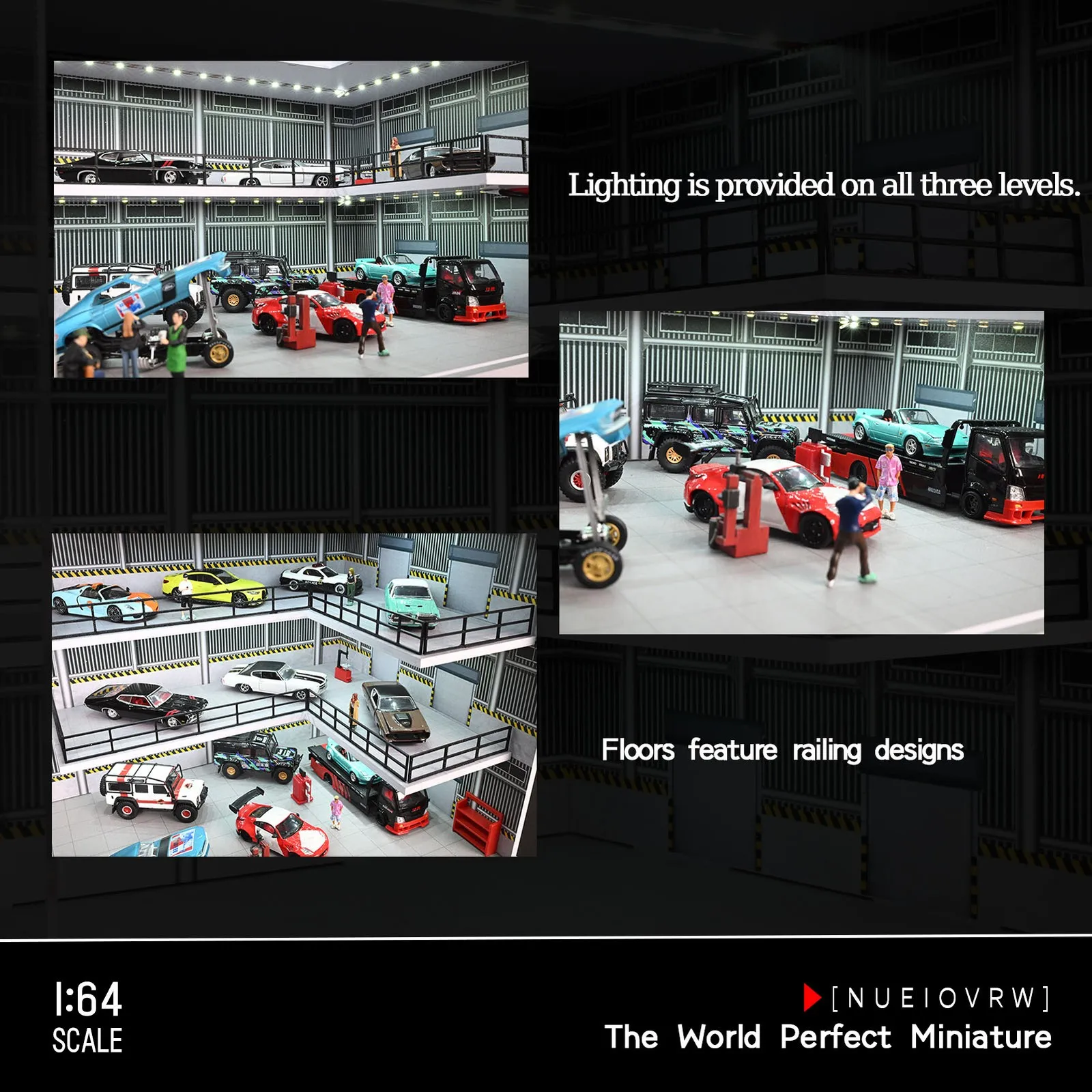 디오라마 1/64 차고 모형 LED 조명 모형 자동차 전시 3층 주차장 장면 쇼룸 전시 케이스 모형