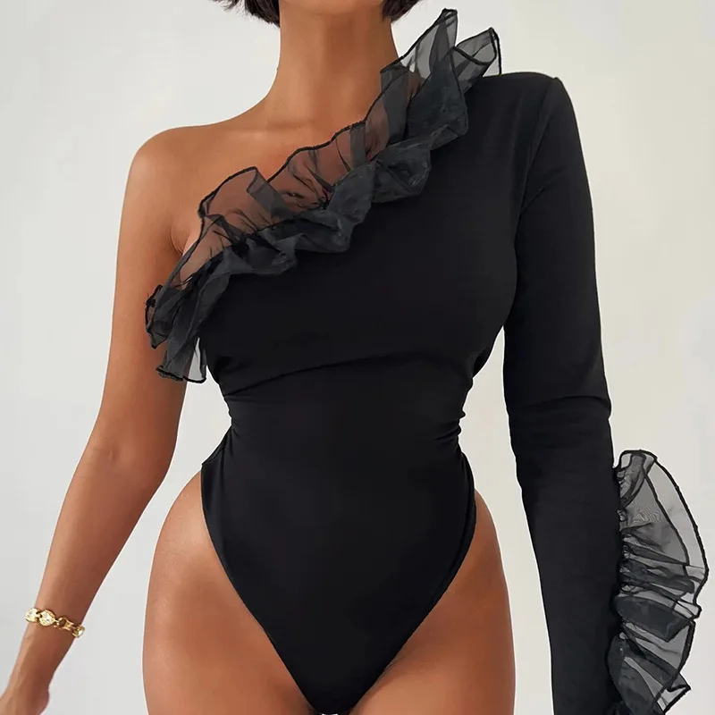 2022 Ruffles Solid One Shoulder Long Sleeve Patchwork Sexy Bodycon Bodysuit Fall Women Party Romper Halloween Costumes