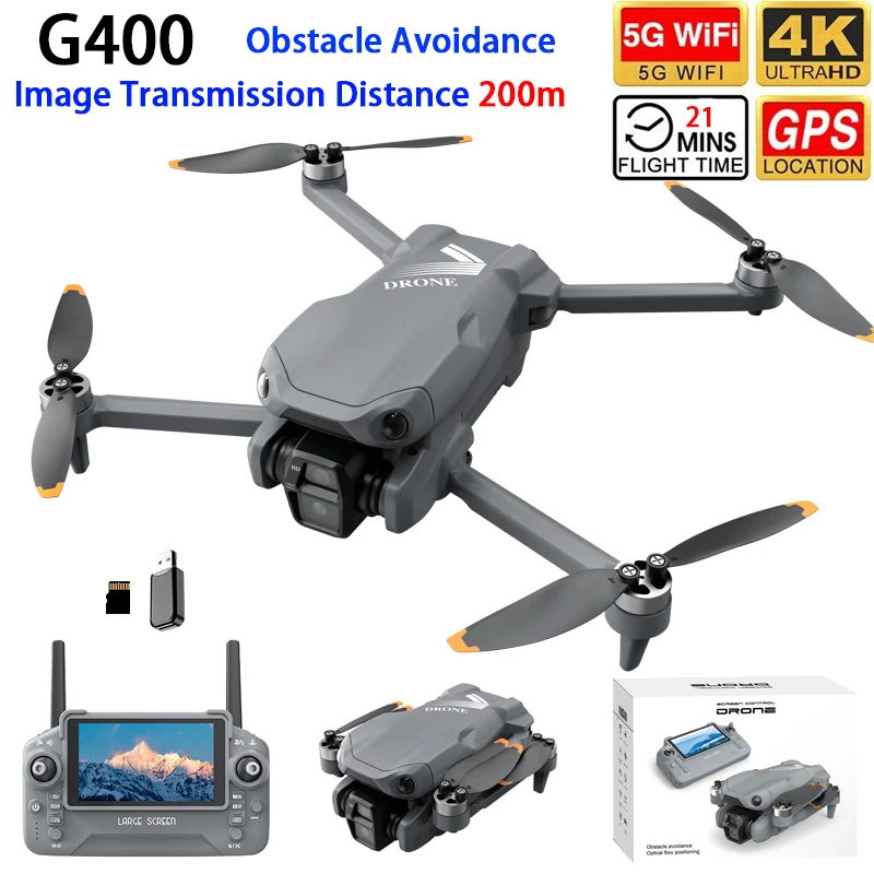 Drone G400 con Telecomando, Schermo da 4.5", GPS, WIFI, FPV, Doppia Fotocamera 4K, Evitamento Ostacoli, Volo Intelligente con Tracciamento e Quadricottero a Traiettoria Preimpostata
