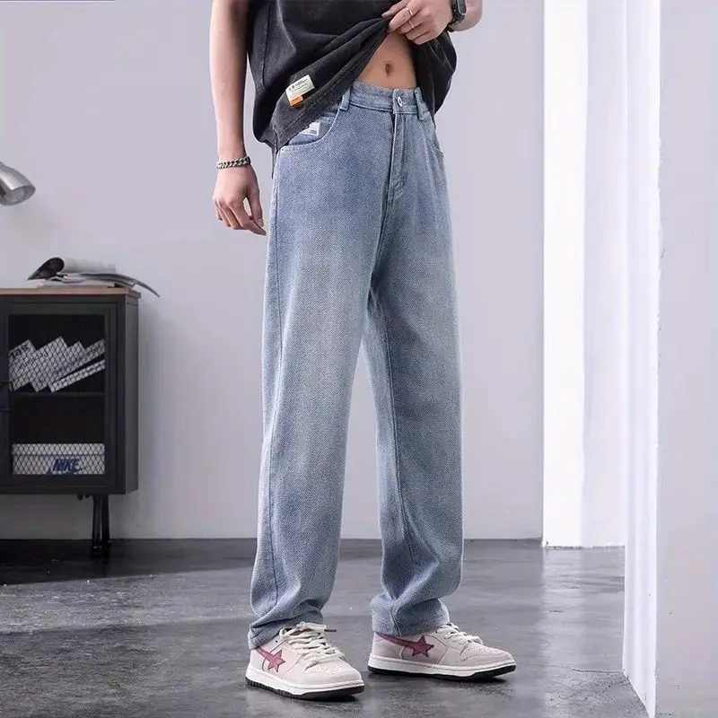 Streetwear Fashion Men Straight Jeans Spring Summer Korean Male Clothes Loose Vintage Casual Light Blue Denim Wide Leg Trousers