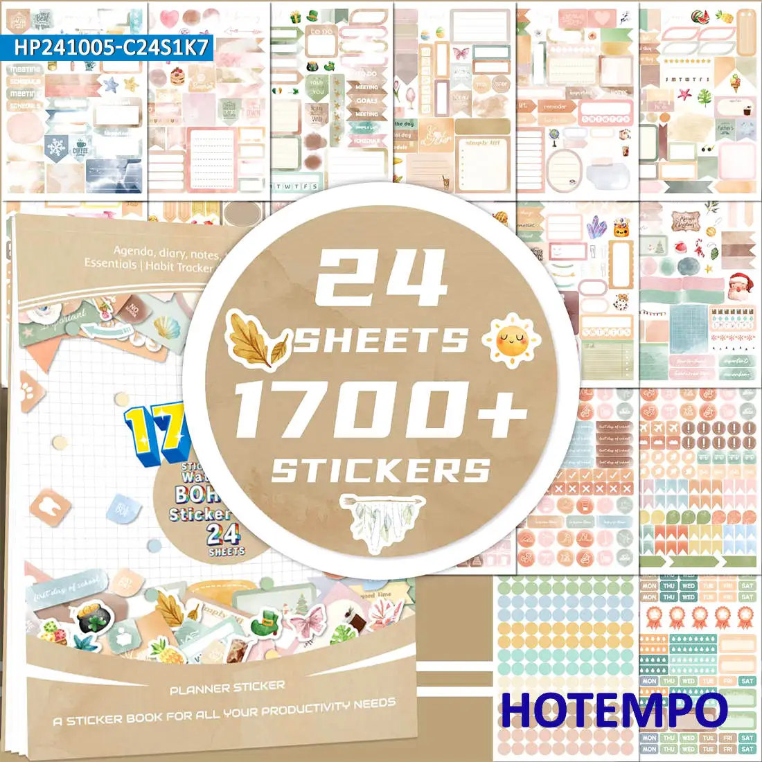 1700 조각, 레트로 수채화 보헤미아 스타일, 연간 계획 스크랩북, 플래너 스티커 북, 전화, 노트북, 문구, 일기, 일, 팀, 일기, 유리에 적합합니다, 노트북 스티커