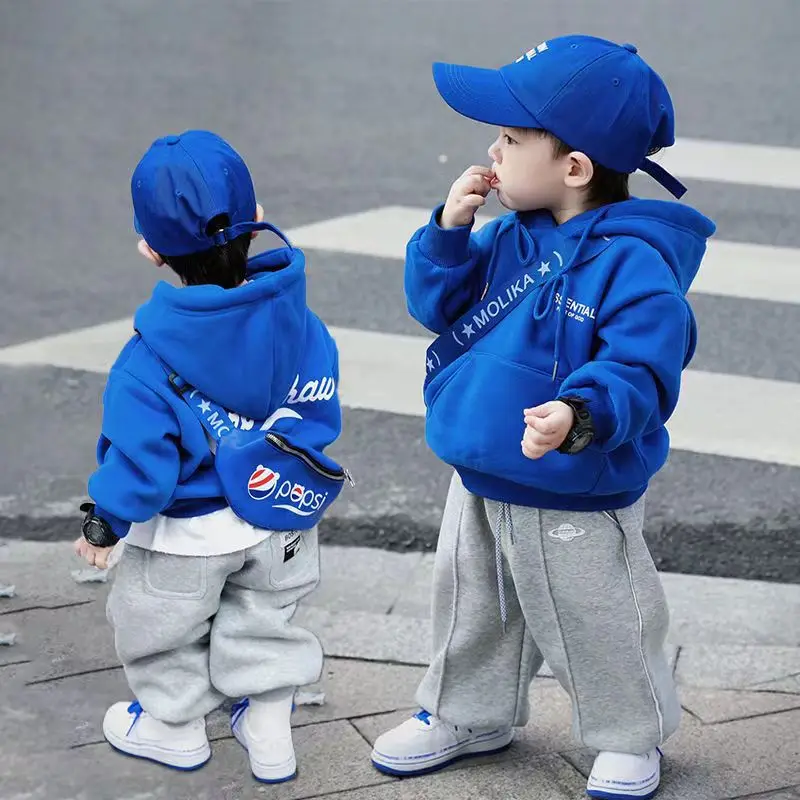 

Boys' Blue Hoodie Youth Sports Hoodie Sweater BABY Girls' Hoodie Winter Thickened Warm Coat 2-10Y