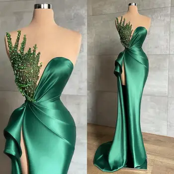 Green Mermaid Evening Dresses For African Women Long Sexy Split Shiny Beads Sleeveless Formal Party Illusion Prom Party Gowns 1